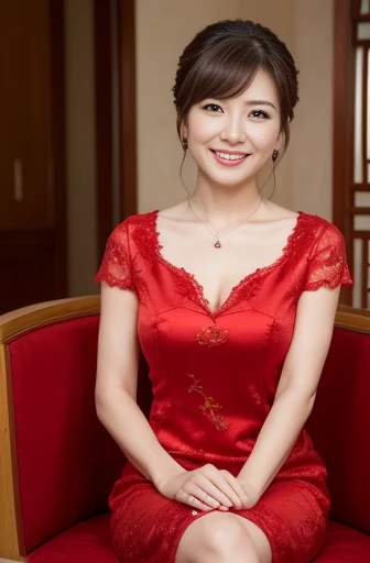 Masseter Film, highest quality, masterpiece, High resolution, realism, Original photo, 8k wallpaper, perfection, Professional Lighting, Very detailed, Written boundary depth, ((Beautiful woman in a sexy red Chinese dress)), ((Sexy 40 year old women)),,  ((...