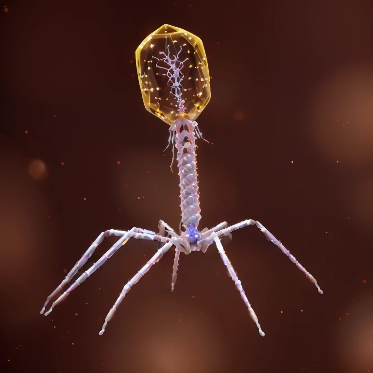 Close-up of a phage virus with a transparent gelatinous head and legs, Pink double-helix DNA flickers inside the three-dimensional, transparent head.、RNA biological weapons, phage、Aggressive Virus、3Drenderingで表現, Spider chest, insectile forearms folded, 変態...