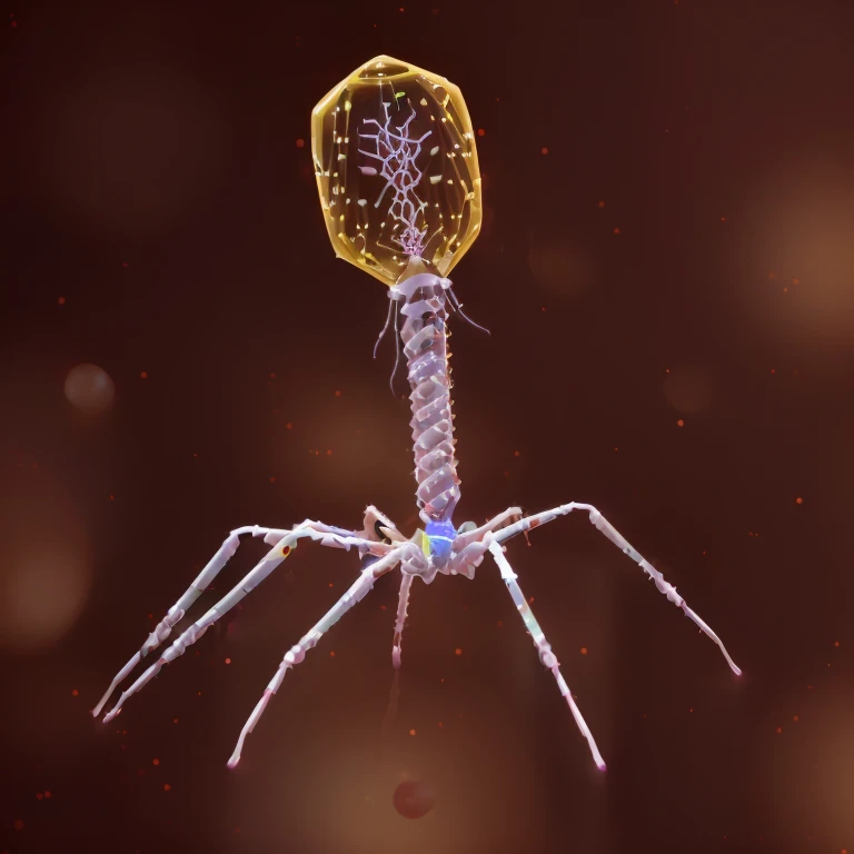 Close-up of a phage virus with a transparent gelatinous head and legs, Pink double-helix DNA flickers inside the three-dimensional, transparent head.、RNA biological weapons, phage、Aggressive Virus、3Drenderingで表現, Spider chest, insectile forearms folded, 変態...