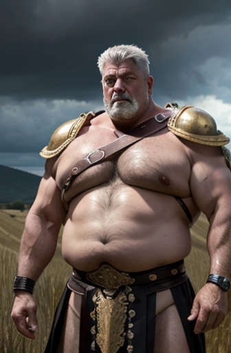  A gray-haired Roman centurion with no shirt A full body obese bodybuilder with a very sweaty body An extremely muscular and extremely fat old man over 70 years old weighing over 600 pounds Very muscular very hairy with large pecs with dark nipples and gyn...