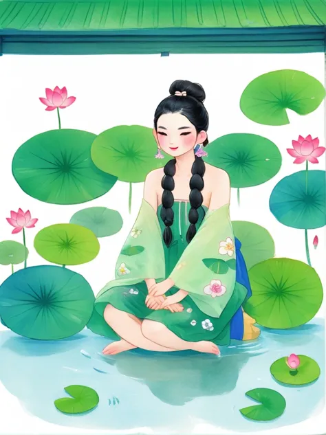 1 Girl，whole body，leg，裸露的大leg，(rain)，(Gentle smile)，Bare shoulders，胸部被覆盖lotus叶，Cleavage，clavicle，neck，(fog，薄fog)，earrings，solo，White(lotus)，Black Hair，Looking at the audience，Long hair，portrait，Lips，Hair Bun，make up，Poker face，black eyes，Green，(Lotus Leaf)...