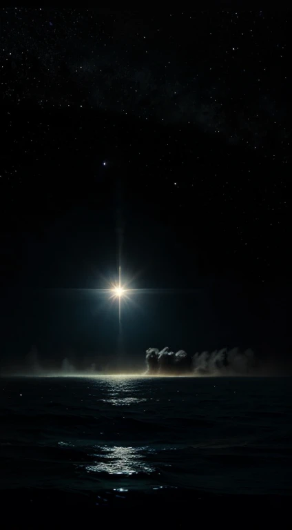 A shapeless planet full of water and nebulous smoke with a black background and a small star over the water 