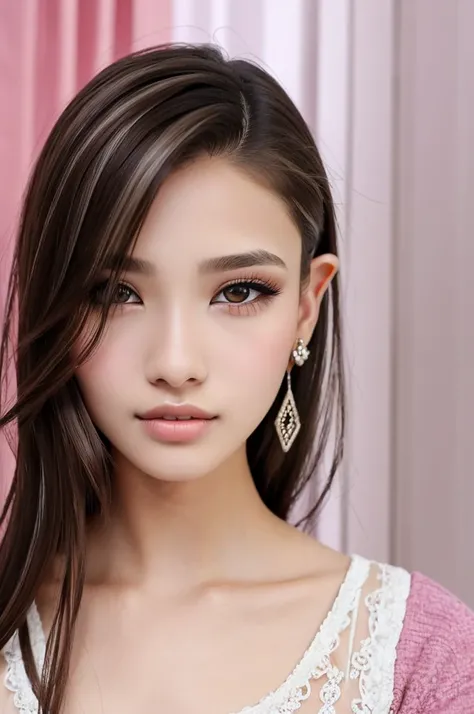 beautiful girl, Brown_Eye, ((Beautiful slim girl 18 years old, hair color [Brown highlights hair], [Undercut Elf] hair)), earrings, Lips, Practical, Willow Waist, charming, pink Lipstick, Colorful Makeup, Long eyelashes, earrings, Apply eyeliner, White ski...