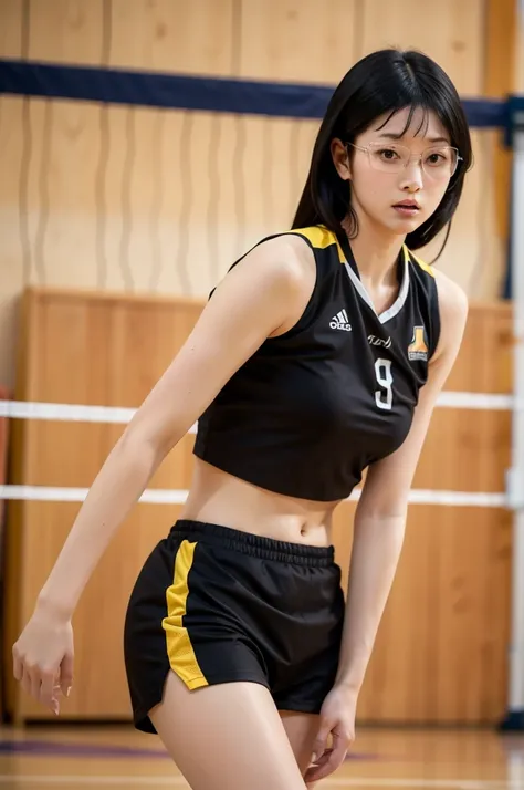 masterpiece, best quality, 1girl, detailed face features, beautiful face, shimizu kiyoko, black hair, grab volleyball, mature fe...