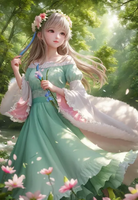 Girl with floating flowers in the forest, river, fluffy, fluffy cheeks, Lovely, 
Vibrant colors, Colorful art style, 
soft light, Soft shadows, Detailed texture, Dynamic Lighting, 
Beautiful hands, Perfect hands, 
