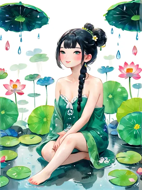 1 girl，whole body，leg，裸露的大leg，(rain)，(gentle smile)，bare shoulders，胸部被覆盖lotus叶，cleavage，clavicle，neck，(fog，薄fog)，earrings，solo，w...