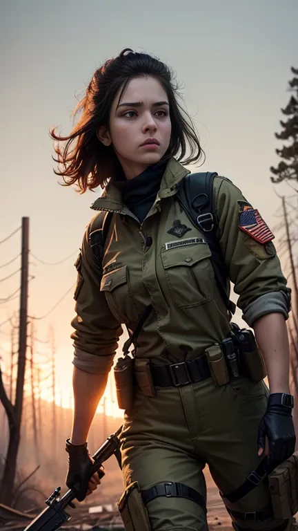 post apocalypse, woman in assault military suit, burning trees around