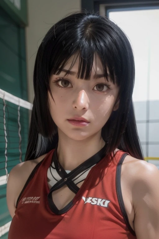 masterpiece, best quality, 1girl, detailed face features, beautiful face, jabami yumeko, black hair, grab volleyball, mature female, perfect female body, large breasts, standing, inside gym, looking at viewer, expressionless, wearing sleeveless volleyball ...