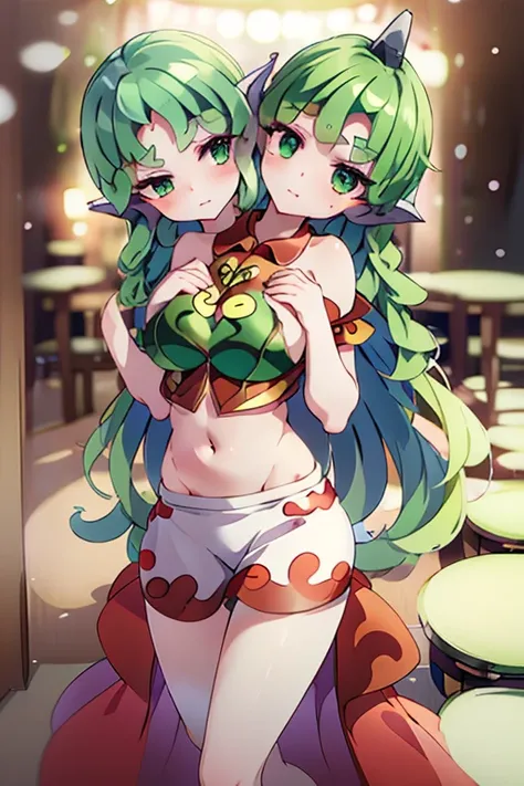 (masterpiece, best quality), best quality, (ultra-detailed), (3heads:1.5), 1girl, (komano aunn:1.3), masterpiece, best quality, ultra quality, ultra resolution, ultra detail, red top, crop top, ((stomach)), midriff, ((groin)), white skirt, normal ears, sha...