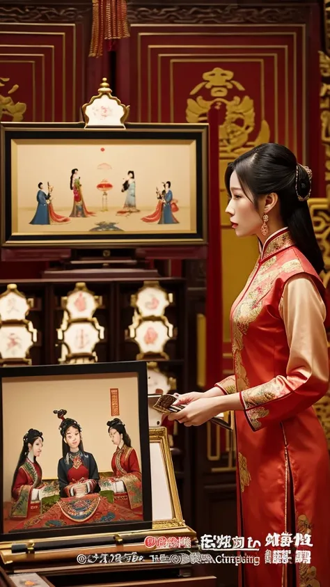 A scene depicting the strict selection process for palace ladies, showing a group of exceptionally beautiful and talented women being examined by court officials in a luxurious palace room, adorned with traditional Chinese art.