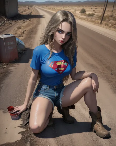 yael shelbia (Super Girl Beautiful and Bold, Seductive and captivating, blue eyes, Pointed breasts, Long blond hair and, Sweating, Open-front shirt with Superman &quot;S&quot; logo, shorts, I, Red Boots, Thick Legs). (Deserted Road, Dirt Road, Blood, smoke...