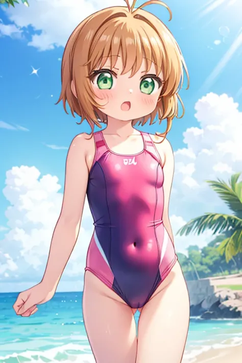 beach,1girl, kinomoto sakura, solo,competition swimsuit,one-piece swimsuit, green eyes, pussy, brown hair, , short hair, navel、flat chest,blush,get wet,antenna hair,pink nipple,open mouth,arms behind back,,looking at viewer,highleg swimsuit