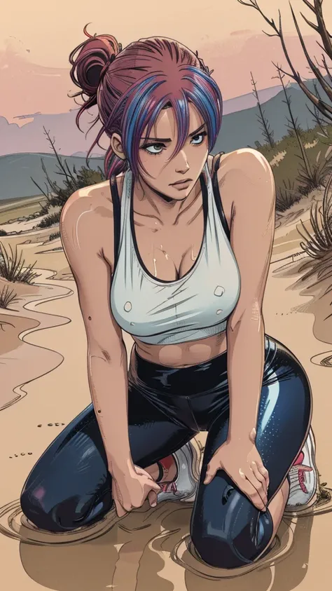 (best quality, highres), (vector image), (close-up), (anime), (junior girl), (colored hair), (gloomy orgasm), (blush), (sporty wetlook leggings), (sporty top), (near quicksand bog), (red), (blue), (sneakers), (fashion provocative):1.3, seductive hands