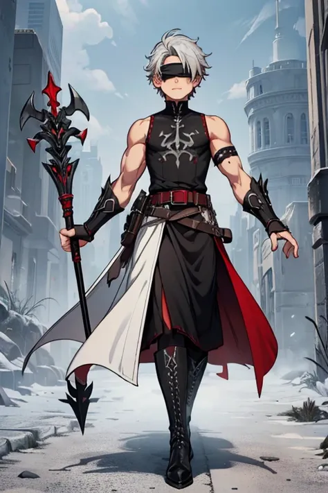 male, grey skin, silver hair, (((1boy))), (((white sleeveless tunic with red trim))), (black long skirt), (black metal boots), (black metal clawed gauntlets), (brown belt), (blindfold), slightly muscular, holding staff