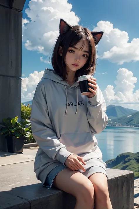 human body, cat head, holding coffee, sitting in clouds, wearing hoodie,