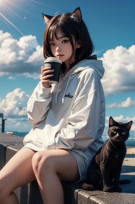 human body, cat head, holding coffee, sitting in clouds, wearing hoodie,