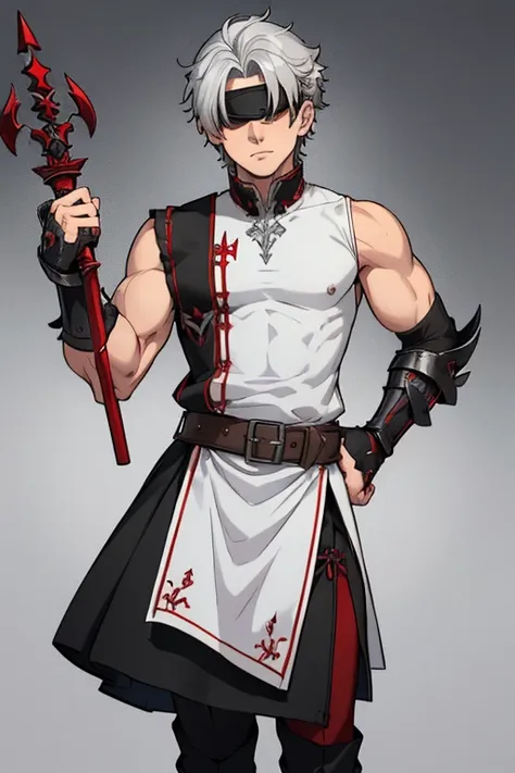 male, grey skin, silver hair, (((1boy))), (((white sleeveless tunic with red trim))), (black long skirt), (black metal boots), (black metal clawed gauntlets), (brown belt), (blindfold), slightly muscular, holding staff