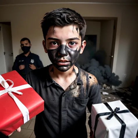 Selfie of a boy who opened a present containing a bomb that exploded, leaving him covered in soot and in tatters