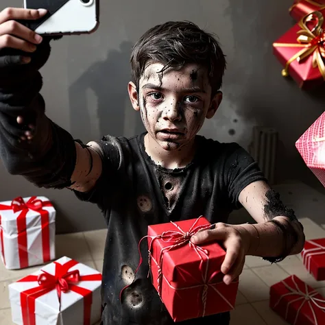 Selfie of a boy who opened a present containing a bomb that exploded, leaving him covered in soot and in tatters