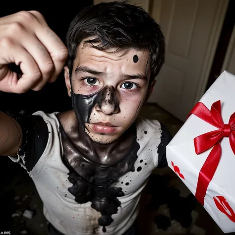 Selfie of a boy who opened a present containing a bomb that exploded, leaving him covered in soot and in tatters