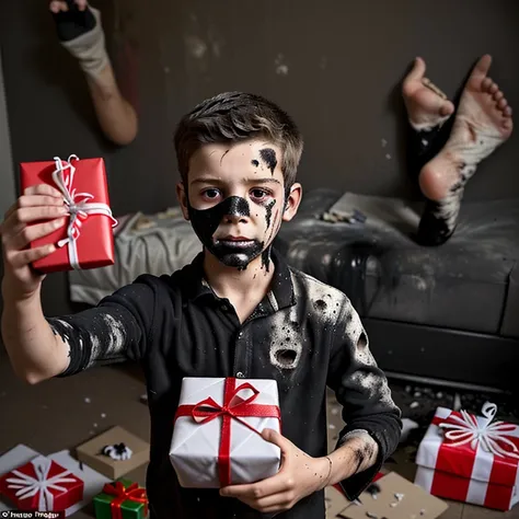 Selfie of a boy who opened a present containing a bomb that exploded, leaving him covered in soot and in tatters