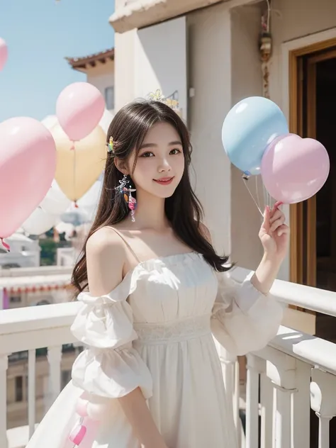 masterpiece、8k、32k、highest quality、20 years old、One Girl、elegant、(Detailed background depiction、Portrait:1.2)、White Dress、(balcony、Colorful balloons:1.3)、get up、Cowboy Shot、smile