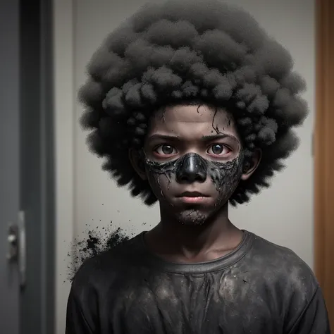 Elementary school boy covered in soot from an explosion that turned him into an afro