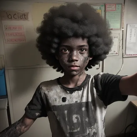 A selfie of a boy in elementary school, covered in soot and in tatters with an afro from an explosion