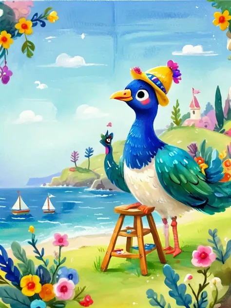 Photos with tilt-shift effect, Selective focus, Miniature effects, Very detailed, bright, View control, Naturally tilted pictures (Whimsical sense of art), charming additional fluffy, Cute peacock wearing a hat, ((He painted a still life on his easel, brus...