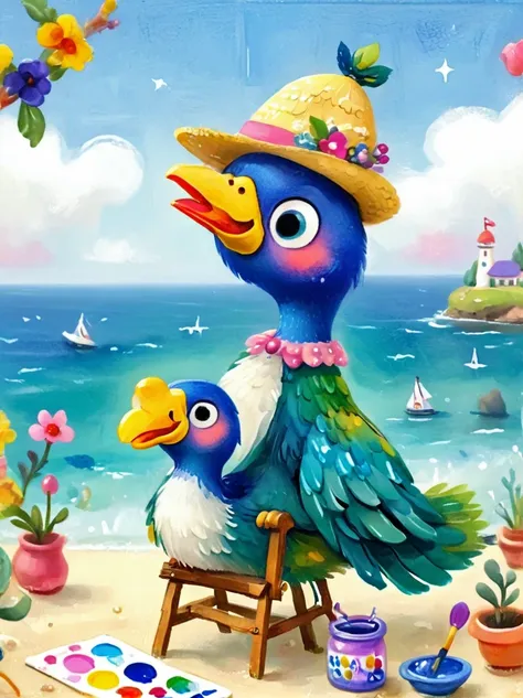 Photos with tilt-shift effect, Selective focus, Miniature effects, Very detailed, bright, View control, Naturally tilted pictures (Whimsical sense of art), charming additional fluffy, Cute peacock wearing a hat, ((He painted a still life on his easel, brus...