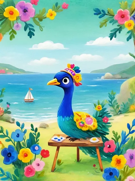 Photos with tilt-shift effect, Selective focus, Miniature effects, Very detailed, bright, View control, Naturally tilted pictures (Whimsical sense of art), charming additional fluffy, Cute peacock wearing a hat, ((He painted a still life on his easel, brus...