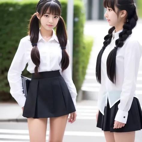 Wearing a black mini skirt and a white shirt、18-year-old female student（Twin tails）