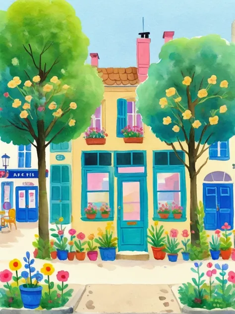 a watercolor painting showing the front view of an art studio in paris with flowers and trees，cartoon style，cartoon trees，illust...