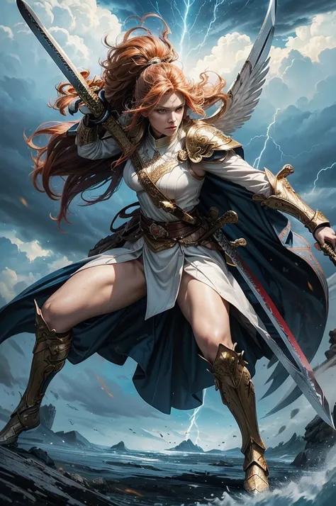 flat colors,glorious victory scene,vivid colors,beautiful vintage warrior woman with very big white open wings,beautiful angry face,curly long hair,((((wielding 1 sword in defense position)))), white armor with gold embroid details, dynamic pose, storm sky...