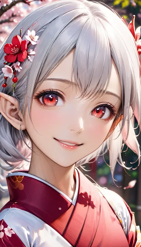 1 elf woman, dark skin, beautiful silver hair, pointed ears, beautiful red eyes, japanese kimono, cherry blossoms, upper body de...