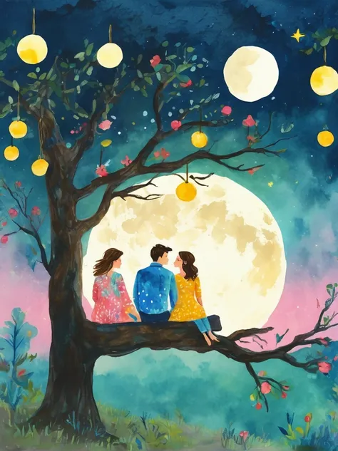 Romantic，night，Backlight，A man and a woman sitting on a tree branch，There is a full moon behind it，Alexander，repeat，Fresh colors，Soft colors，Ink and watercolor，Vector illustration，Diode lamp，Concept art style，Extremely complex details，Clear distinction bet...