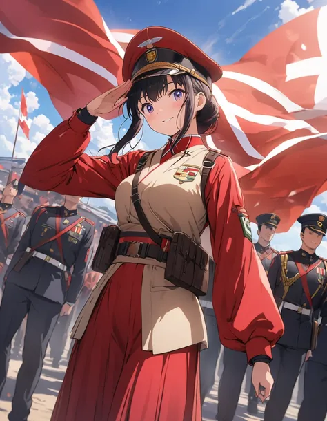 anime style, super fine illustration, highly detailed, dynamic angle, beautiful detailed, 8k, A Self-Defense Force member salutes solemnly. Behind them, the Hinomaru is proudly raised, swaying in the wind. In the background, the Japanese national flag is v...