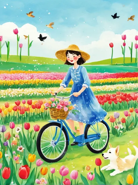 sea of flowers，wind blowing through tulip fields，spring field scenery，close up of girl riding bicycle with puppy on sunny day，th...