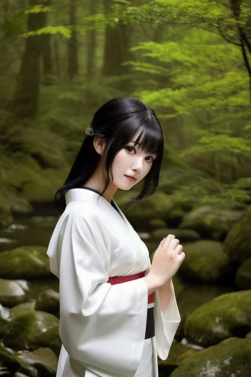 Beautiful Japanese woman in a white kimono, nightの青木ヶ原樹海を歩く, Flowing black hair, Beautiful Skin, Beautiful Eyes, Mysterious Forest, Horror photorealism style, night, There is no way, There is earth under my feet