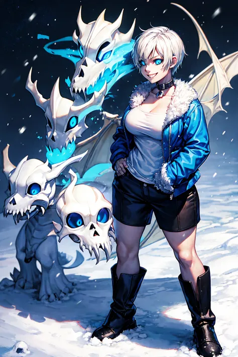 toby fox undertale sans blue jacket white shirt,fire eyes skull smile white short hair glowing sexy dragon skull cannon one stan...