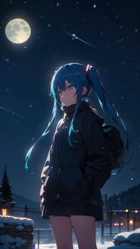 (masterpiece、highest quality)、1 girl ,Grim expression、hatsunemiku,Warm lighting、 Blurred foreground、night、High Contrast、Twin tails,blue gem eyes,Blue Hair,night,snowing,Heavy snowfall,winter,Alone in the vast snowy field,whole body,curse,Looking at me,Huge...