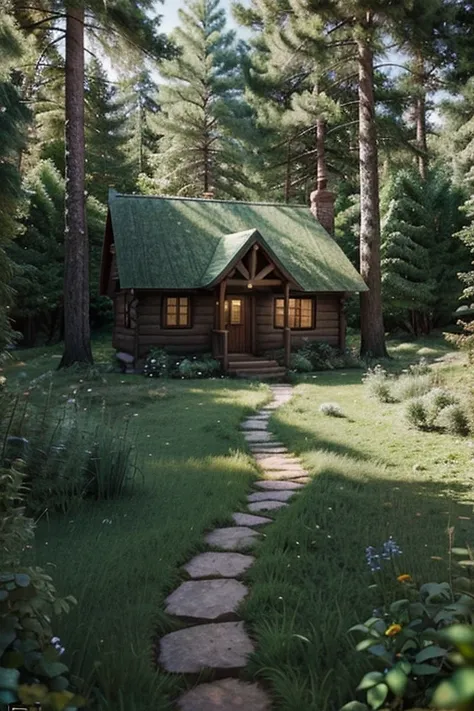 Cozy Cottage at the Edge of the Forest: A cozy cottage standing at the edge of a magical forest, the path meandering into the unknown, brought to life in a charming Pixar-style CGI with a focus on simplicity and vibrant colors. The composition is designed ...