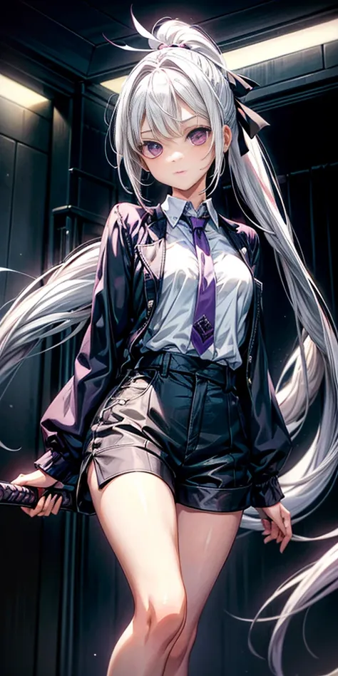 1 girl, purple eyes, (((white hair))), hair accessories, High, young, Equipment-Sword, long hair, tie hair, indoors, black shorts, Raise your legs high, low ponytail