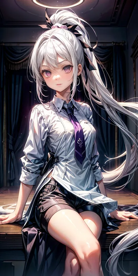 1 girl, purple eyes, (((white hair))), hair accessories, High, young, Equipment-Sword, long hair, tie hair, indoors, black shorts, Raise your legs high, low ponytail