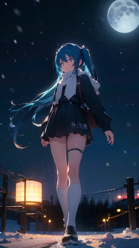 (masterpiece、highest quality)、1 girl ,Grim expression、hatsunemiku,Warm lighting、 Blurred foreground、night、High Contrast、Twin tails,blue gem eyes,Blue Hair,night,snowing,Heavy snowfall,winter,Alone in the vast snowy field,whole body,curse,Looking at me,Huge...