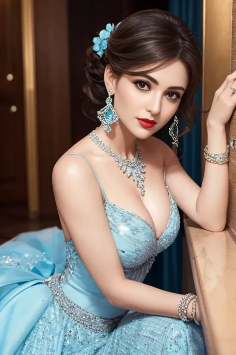 Lebanese woman, diamond dangling earrings, necklace, bracelets, small breasts, 40 years old, smokey eyes, cleavages, red lips, innocent face, light blue fashion ball gown, stylish hairstyle, posing, modeling,