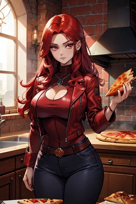 A red haired woman with red eyes with an hourglass figure in a red leather jacket and jeans is making pizza with a pink haired woman with violet eyes with an hourglass figure in a kitchen