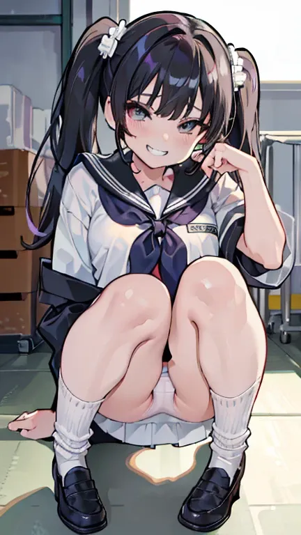 (8k、highest quality、highest quality、masterpiece)、Detailed face、((upon))、Black Hair、Long Hair、Twin tails、Grey Eyes、Wicked Smile、((Grin))、Small breasts、((serafuku))、((White panties))、White socks、loafers、((Bent over))、turn around、Shoot in the back、Jims wareho...