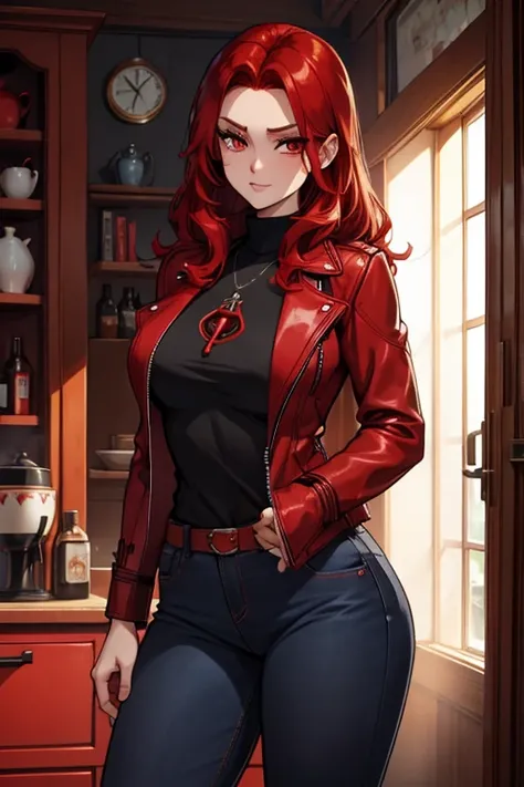 A red haired woman with red eyes with an hourglass figure in a red leather jacket and jeans is blushing in store
