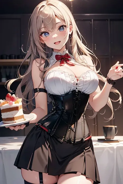 (medium breasts:0.6),(from above:1.2), ((cute Face)), (Close-Up:0.4), (( eat a cake and have a coffee)),highest quality、(real、photorealistic:1.4),(ultra high resolution, 8K RAW photo, clear focus), best qualtiy, natural lighting, field depth, (Bright pupil...